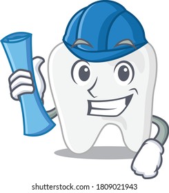 caricature picture of tooth Architect with blue prints