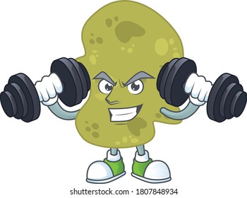 Caricature picture of verrucomicrobia exercising with barbells on gym. Vector illustration