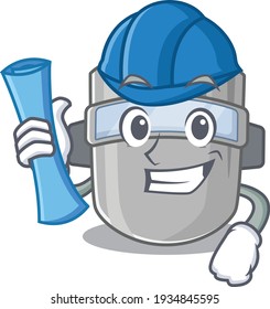 caricature picture of welding mask Architect with blue prints