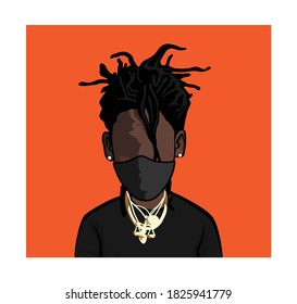 Caricature portrait of blank face, illustration in black with necklace and mask.