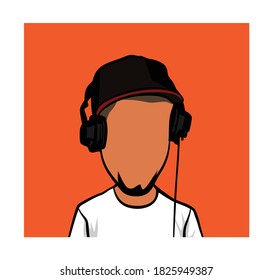 Caricature portrait of a blank face, illustration of a man in white with headphones and hat.