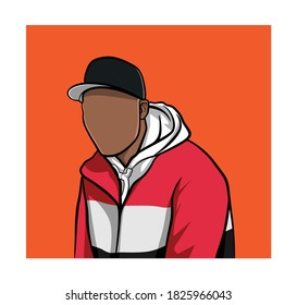 Caricature portrait of blank face, illustration of man in black hat and red white jacket.