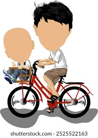 Retrato caricatural de um rosto em branco, ilustração de jovem e menino em roupas casuais andando de bicicleta