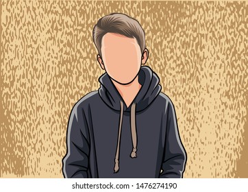 caricature portrait, illustration of a male body with a black hoodie.