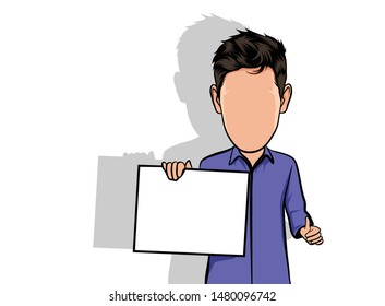 Caricature Portrait, Illustration Of A Man In Blue Holding A Paper.