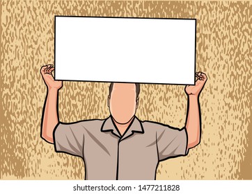 Caricature Portrait, Illustration Of A Man In A Gray Shirt Holding A White Board.