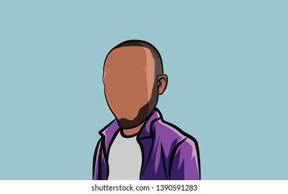 caricature of a portrait, illustration of a man's body with a purple shirt.