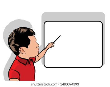 Caricature Portrait, Illustration Of A Man's Body Pointing To The White Board.