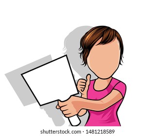 Caricature Portrait, Illustration Of A Woman Body Holding A Board.