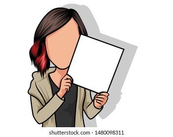 caricature portrait, illustration of a woman's body holding a white paper.