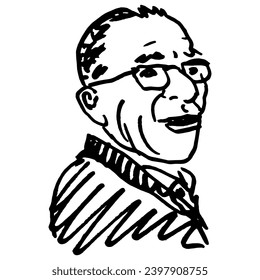 Caricature portrait of a middle age man wearing glasses. Hand drawn linear doodle rough sketch. Black and white silhouette.