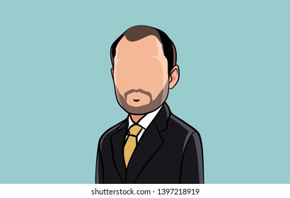 caricature of portraits, illustrations of male bodies in black suits and yellow ties