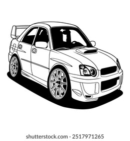 Ilustração Caricature Rally Car. Camadas separadas, fáceis de editar em seu software compatível com vetores.
