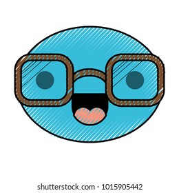 caricature round face with glasses and cheerful expression in colored crayon silhouette