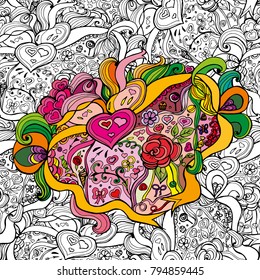 Caricature seamless pattern – love. Sketchy background with different objects, objects, tape, Valentine. The style of coloring. 