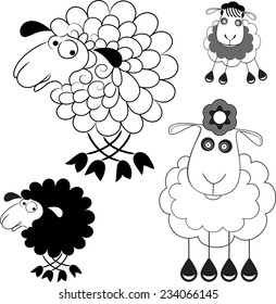 Caricature of sheep. Option Line and the option the silhouette.