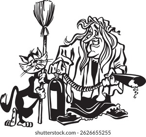 desenho de caricatura ilustração de uma bruxa usando um chapéu e usando um vassoura