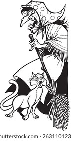 caricature sketch illustration of a witch wearing a hat and using a broomstick