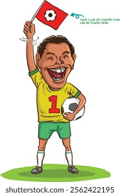 Caricature of a soccer player, smiling widely, wearing a number 1 jersey, holding a ball, and waving a small flag with the other hand.