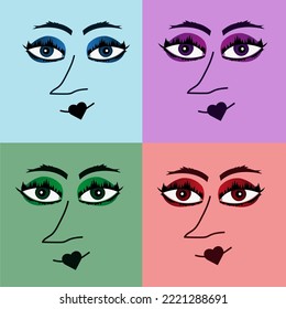 A caricature of a Spanish woman face with heart lips and big eyes. Pop art portrait of a colorful woman. Seamless pattern with person. Print design for interior painting.