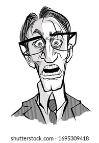 Caricature of surprised, shocked or terrified man with glasses wearing suit and tie - vector illustration