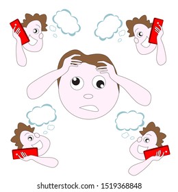 A caricature of telephone sales managers and a tired customer isolated by a white background.