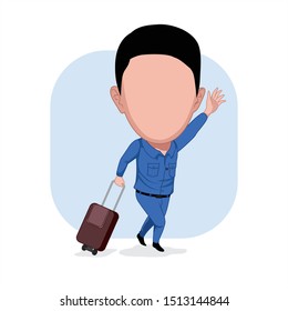 caricature templates with blank faces for photos. illustration of a person wishing to travel with a suitcase and waving as a gesture of separation. vector cartoon.