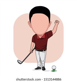 caricature templates with blank faces for photos. illustration of a person playing golf. posing with a golf club and waving his left hand greeting. vector cartoon.