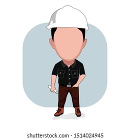 caricature templates with blank faces for photos. illustration of an architect wearing a safety helmet. the right hand holds a piece of construction while the left hand is inserted into the pocket.