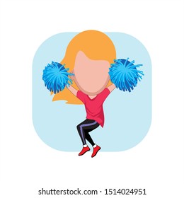 caricature templates with blank faces for photos. illustration of a cheerleading woman jumping cheerfully in both hands carrying a pom poms with a plain white background. vector cartoon.