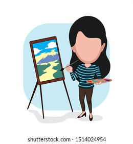 caricature templates with blank faces for photos. illustration of a woman painting a scene on a painted canvas. vector cartoon.