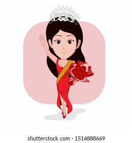 caricature templates with blank faces for photos. illustration of a beauty contest winner wearing a crown, sash and carrying flowers waving. vector cartoon.