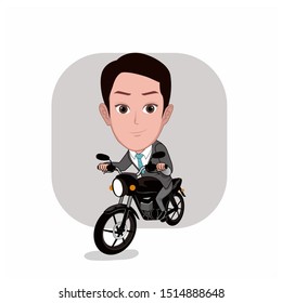 
caricature templates with cartoon faces. illustration of a man wearing an office suit riding a motorcycle. vector cartoon on a plain white background.