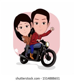 
caricature templates with cartoon faces. illustration of a man riding a custom motorcycle piggybacking his lover behind. vector cartoon with a plain white background