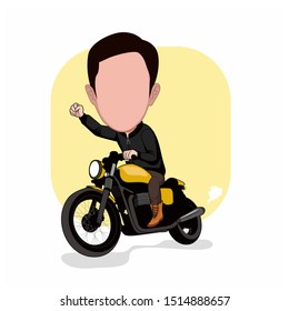 caricature templates with cartoon faces. illustration of a man riding a custom motorcycle. vector cartoon with a plain white background.