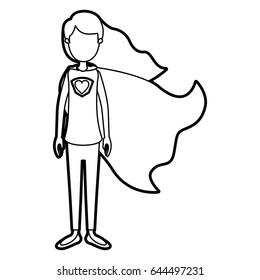 caricature thick contour faceless full body super hero woman with wavy long hair and cap vector illustration