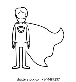 caricature thick contour faceless full body bearded super man hero with heart symbol in uniform vector illustration