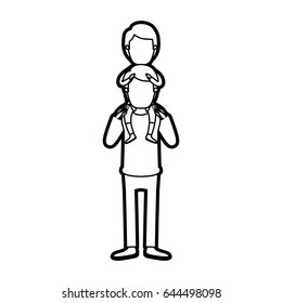 caricature thick contour faceless young father with boy on his back vector illustration