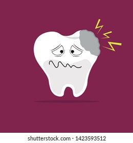 Caricature of a tooth with expression worried about suffering because of a break. vector, illustration.
