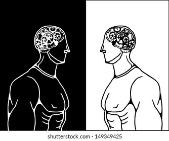 Caricature of two muscular man with exposed skull showing brain with rotating machinery gear. 