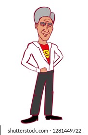 Caricature Of US Special Prosecutor Robert Mueller. He Wears A Superhero Costume Under His Shirt.  Vector Illustration.