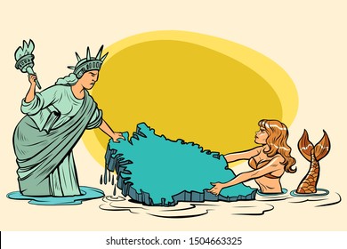 Caricature. USA and Denmark are pulling Greenland. American statue of liberty vs. Danish mermaid. comic cartoon pop art retro vector illustration drawing