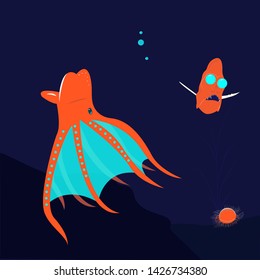 Caricature Vampire Squid Vector Fish Illustration