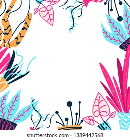 Caricature vector illustration of indoor plants. Lovely flowers and foliage of different flowers in pots. Manual graphics. Template under the text. Congratulation, postcard, poster, banner, drawing.