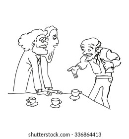 Caricature. Vladimir Lenin invites to tea Karl Marx and Friedrich Engels.