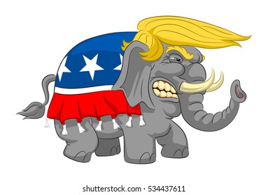 Caricature Wicked Elephant With Blonde  Hair. Elephant Donald Trump. Caricature Of Donald Trump.