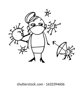 caricature of a woman in a medical mask attacked by viruses and allergens. Doodle illustration. Vector