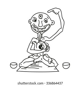 Caricature. Yogi with a third eye and a kettle.