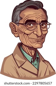 A caricature-style illustration and vector portrait of Aziz Sancar with glasses. He is wearing a coat and a shirt. Nobel laureate Aziz Sancar, Turkish biochemist known for DNA repair circadian clock.