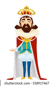 Caricaturish Illustration of a Man Dressed as a King Complete with a Golden Crown and a Red Cape